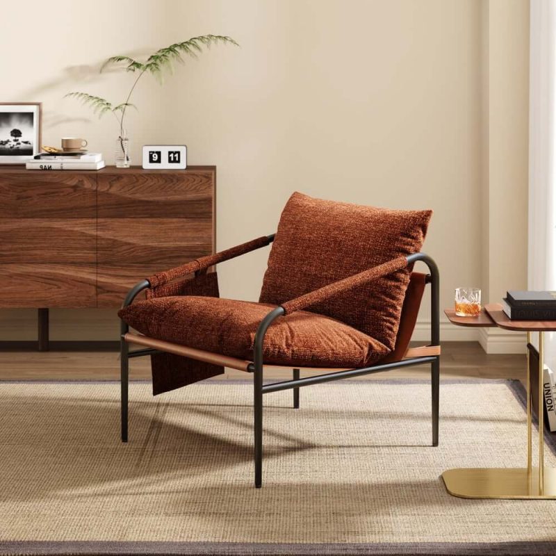 "Brown Chenille Accent Chair with Metal Frame"