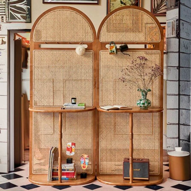 "Tropical Indoor Translucent Single Panel Room Screen with Shelf and 1 Cane Panel, Cherry, Hook Included"