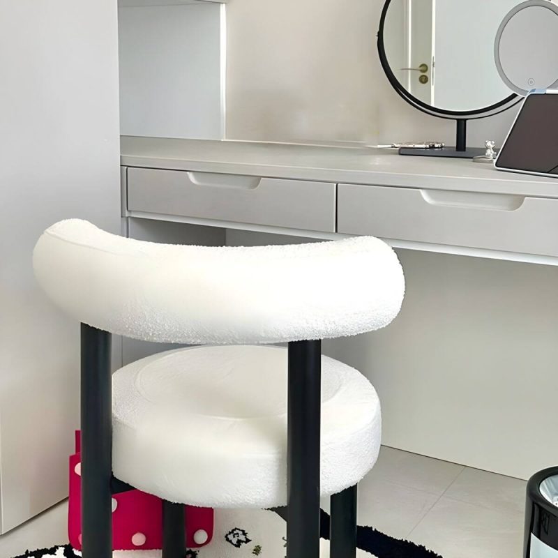 "Contemporary Vanity Stool with Back, Sherpa Upholstered and Black Legs - Grey"