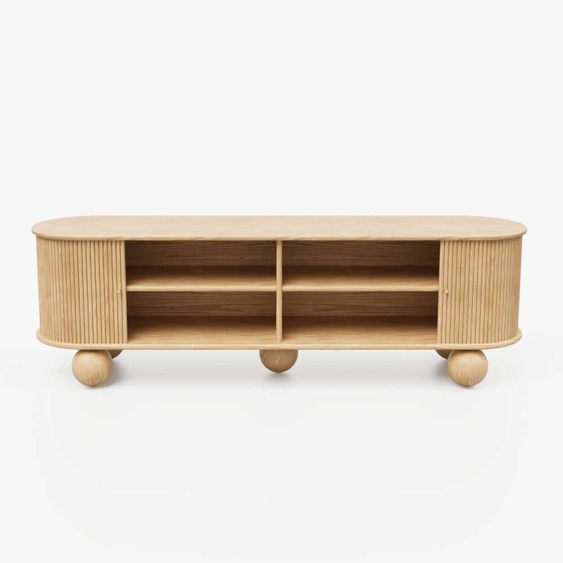 "Stria 47" Oval Natural Solid Wood Fluted Coffee Table with Storage 71" Ash Wood TV Stand"