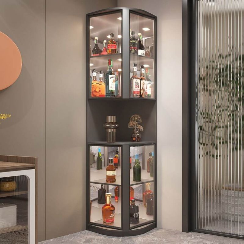 "Modern Gray Corner Accent Cabinet with Glass Doors and 2 Shelves - 23.5"L x 23.5"W x 79"H Dark Gray"
