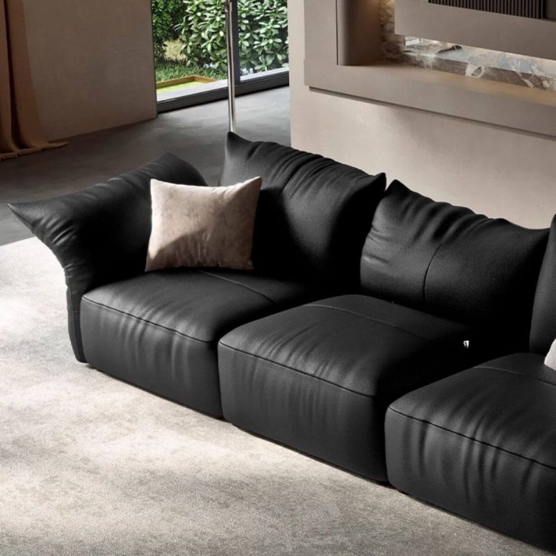 "Black Leather 2-Seater Straight Sofa with Horizontal Orientation, 83"L x 37"W x 39"H"