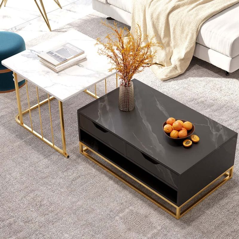 "Modern Wood Nesting Coffee Table Set of 2 with Drawers & Shelves in Black & White"