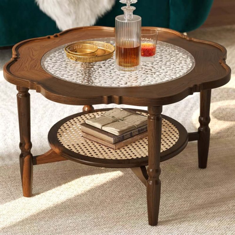 "31.5" Walnut Glass Top Wood Rattan 2-Tiered Coffee Table 	"