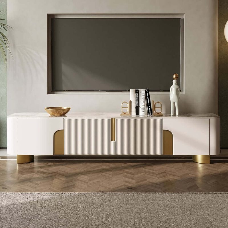 "78.7" Stone Top Beige & Gold TV Stand with 4 Doors and Storage"