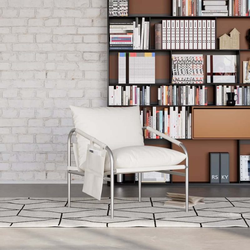 "White Leather Accent Chair with Stainless Steel Frame Set of 2"