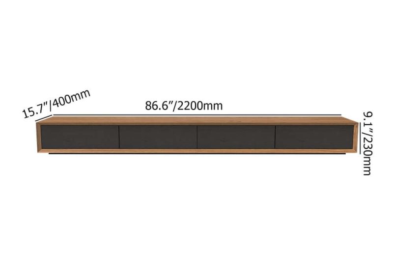 "Dimension of Modern 87" Walnut & Black TV Stand Rectangle Media Console with 4 Drawers"