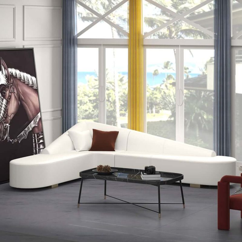 "White Modern L-Shaped Corner Sectional Sofa for Living Room Faux Leather Upholstery"