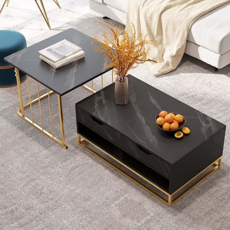 "Modern Nesting Coffee Table Set of 2 in Black with Drawers & Shelves"