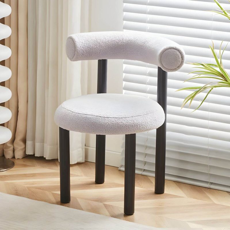 "Contemporary Vanity Stool with Back, Sherpa Upholstered and Black Legs - Grey"