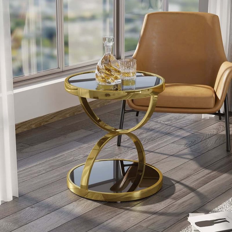 "20" Round Tempered Glass Gold Side Table"