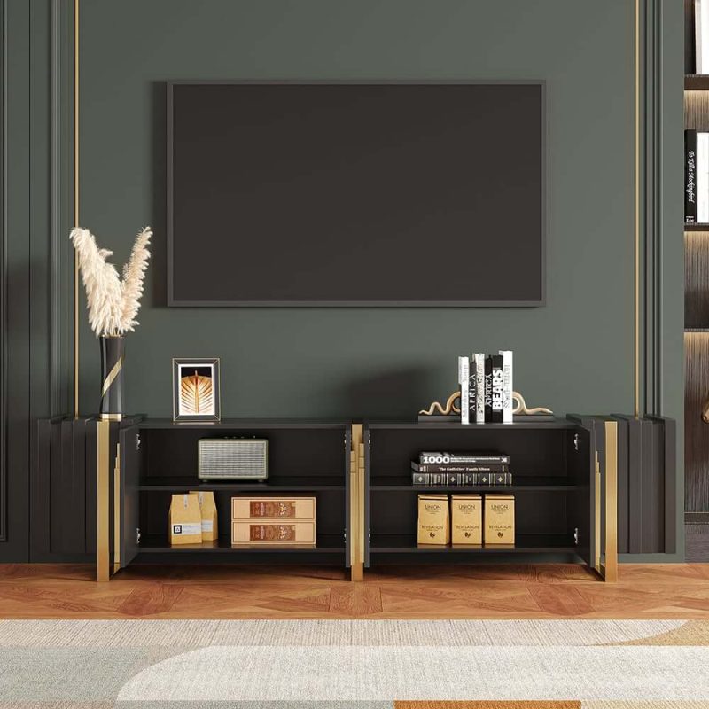 "Aurea 78.7" Light Luxury TV Stand Black Rectangular with 4 Doors & 2 Shelves in Gold"