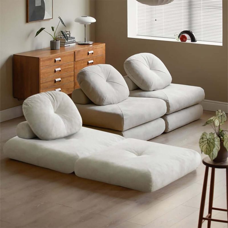 "White Cloud Modular Sectional Convertible 3-Seater Sofa Velvet Upholstered with Pillows"