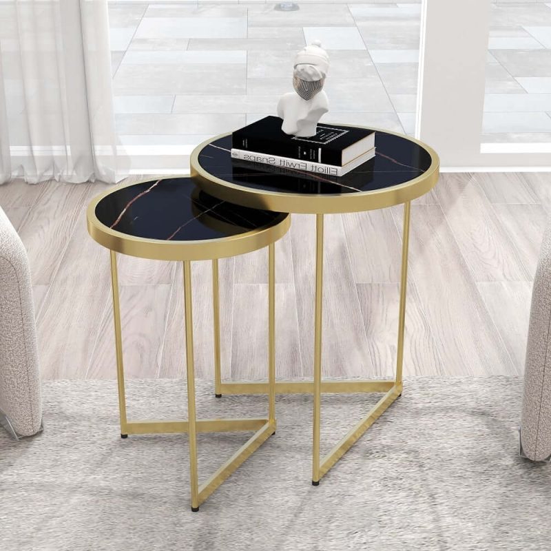 "Black End Table Sets Modern Marble Top Side Table"