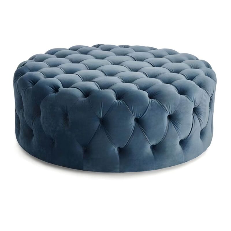 "Indoor Solid Color Contemporary Round Fabric Upholstered Tufted Cocktail - 1 Piece 55"L x 55"W x 17"H Dark Blue"