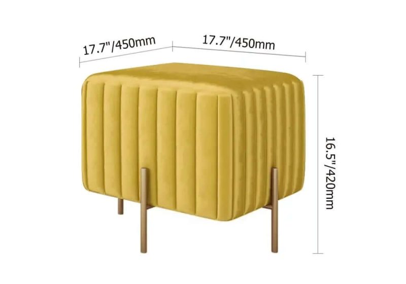 "Dimension of Contemporary Square Pouf Ottoman Upholstered Velvet Ottoman Footrest in Yellow"
