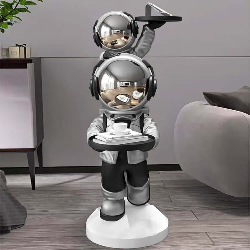 "Astronaut Resin Figurine Silver Side Table with Tray Top"