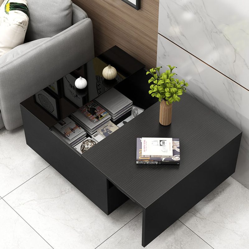 "23.6" Modern Black Wood Sqaure End Table with Storage"