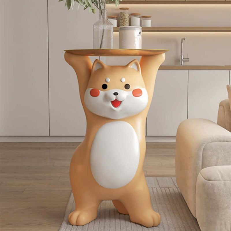 "Modern Dog Side Table Resin Figurine with Gold Tray"