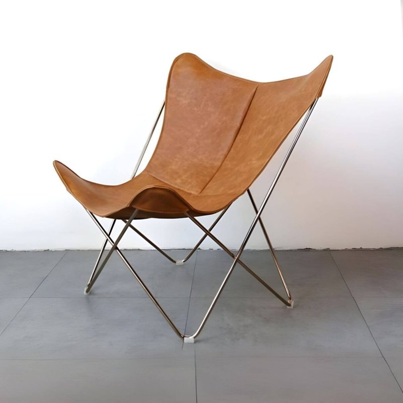 "Scandinavian Small Metal Recliner, Solid Color, Waterproof, With Legs - Brown Rose Gold Oiled Leather"