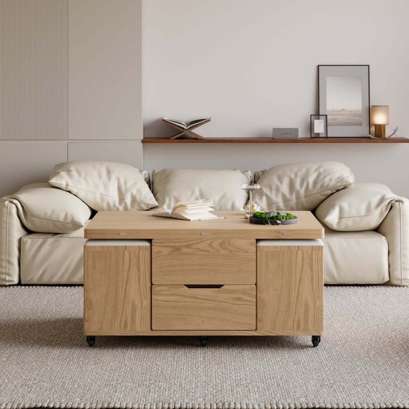 "39" Lift-Top Foldable Natural Coffee Table with 4 Stools & Storage"