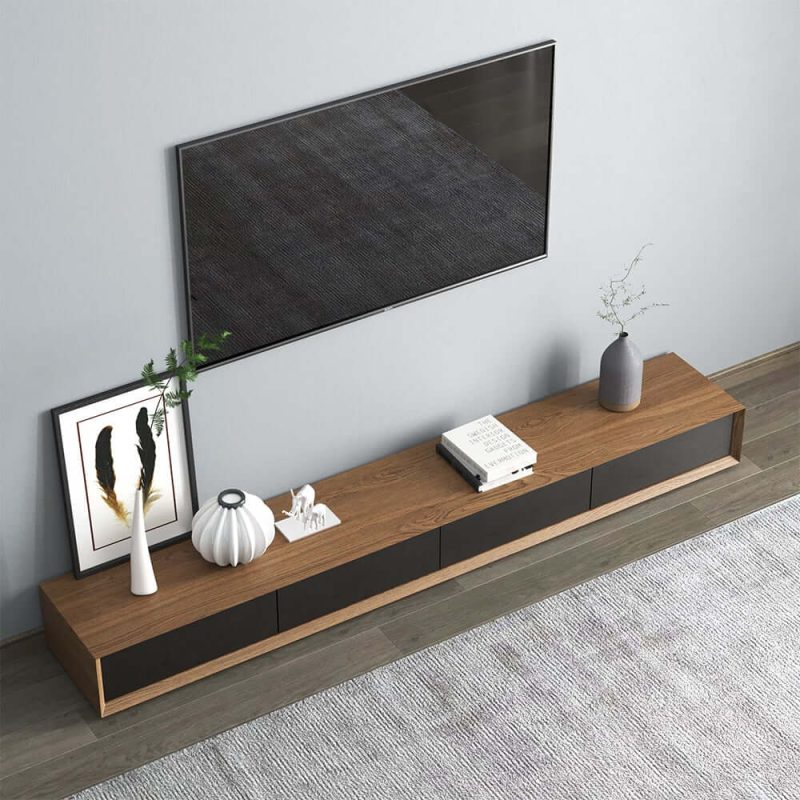 "Modern 87" Walnut & Black TV Stand Rectangle Media Console with 4 Drawers"