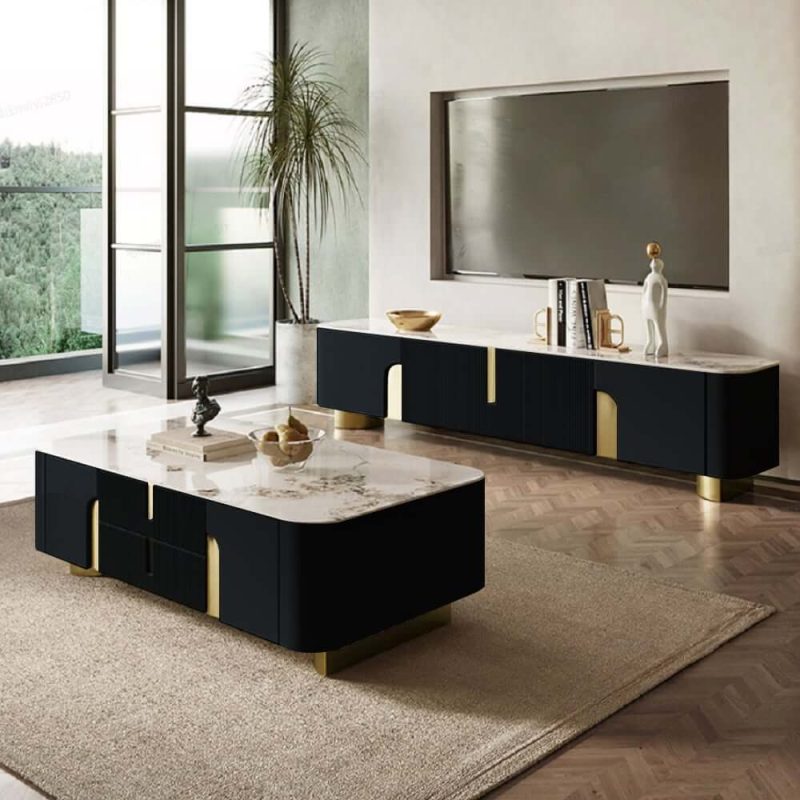 "Artus Modern Black TV Stand Stone Top 4 Doors with Storage Media Console TVs up to 85""