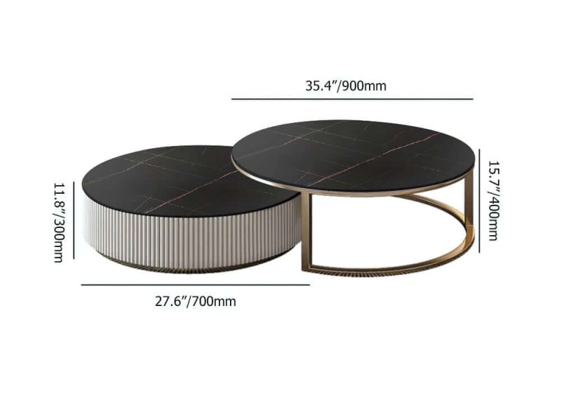 "Dimension of Set of 2 Round Sintered Stone Top Nesting Coffee Table with Drawer Black & Gold"