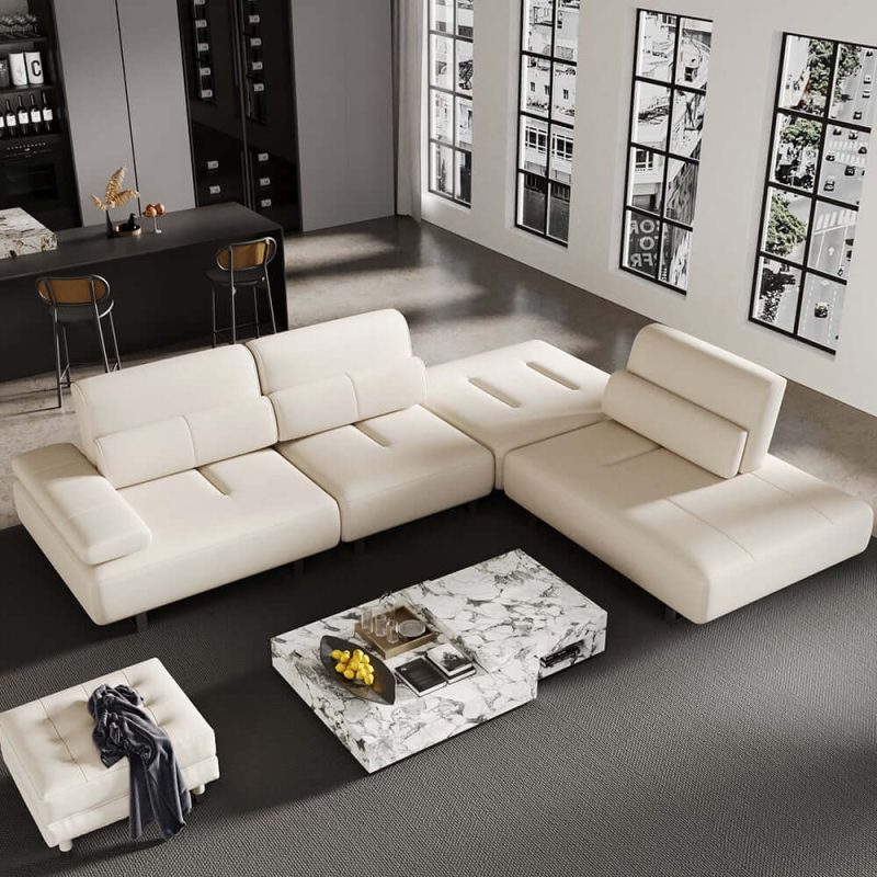 "134.6" White Leather Lounge Deep Seat Sectional Sofa with Adjustable Armrest & Backrest"