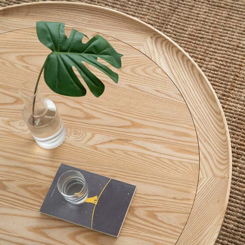 "2-Tiered Japandi Round Wood Coffee Table with Rattan Base"