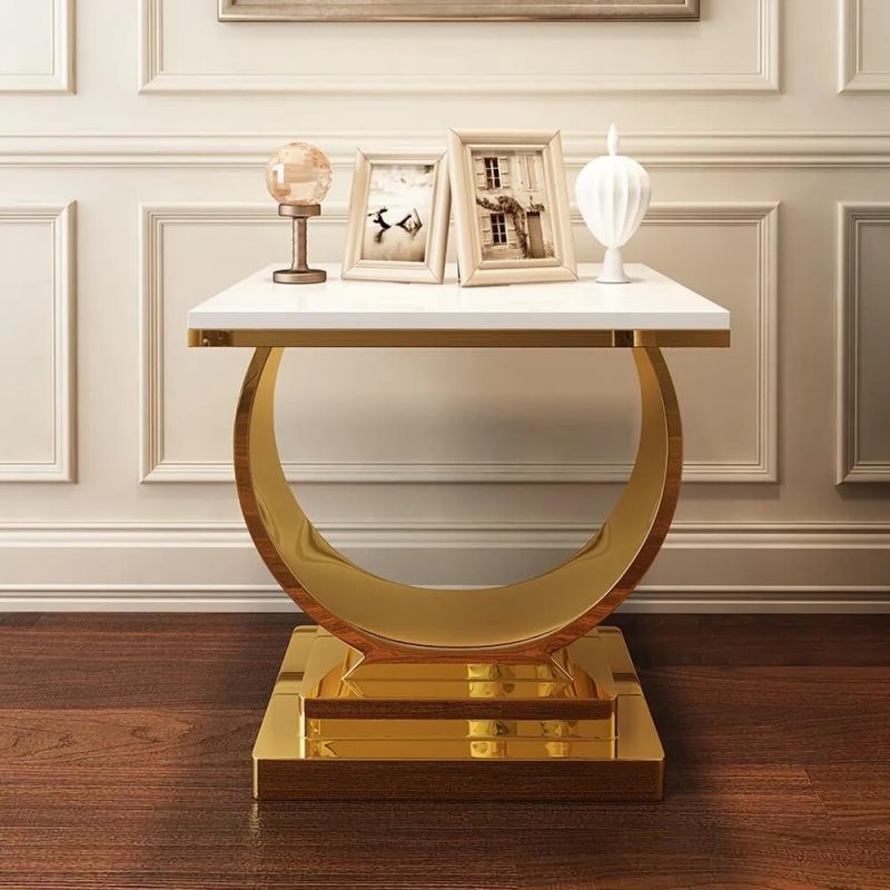 "Postmodern White End Table with Stainless Steel Base Crescent Moon Deisgn"