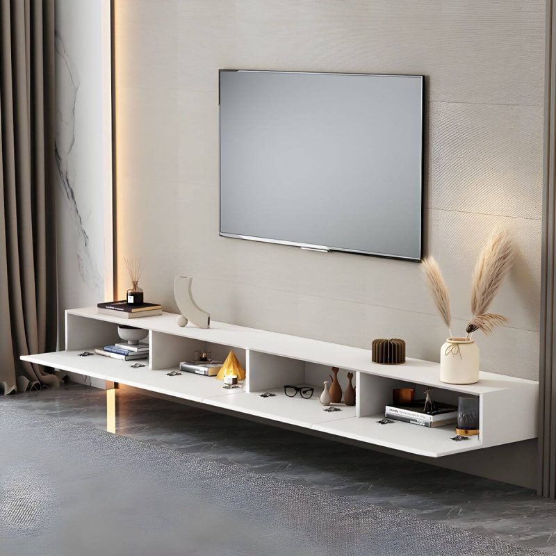 "Contemporary Media Console Wood Floating TV Stand with Doors - White 94.5"L x 14"W x 10"H"