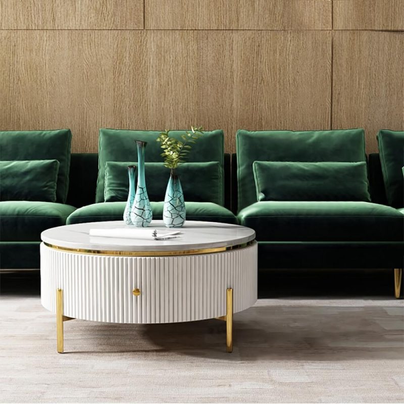 "Yelly Modern Round Coffee Table with Storage Sintered Stone Accent Table Stainless Steel"