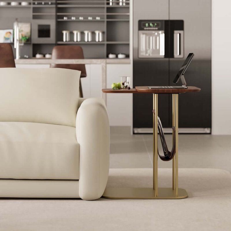 "C-Shaped Walnut & Gold Rotating Side Table with Storage"