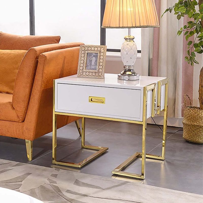 "Jocise Modern White Side Table Wooden End Table with 1 Drawer & Golden Double Pedestal"