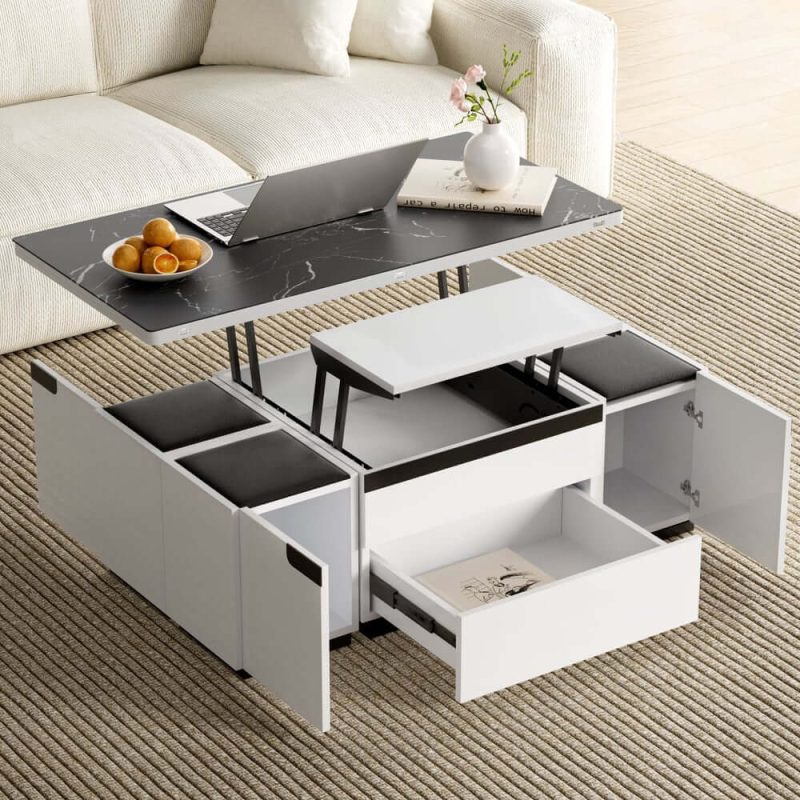 "Modern White Lift Top Marble Coffee Table with Drawers & Storage Multifunction Table"