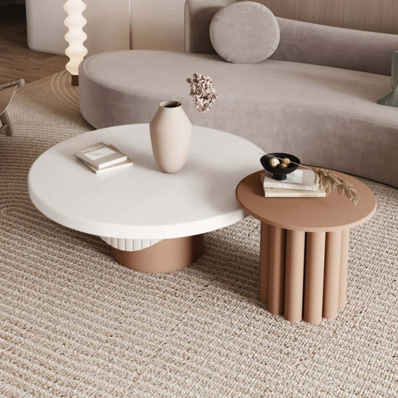 "Yarnic 2-Piece Round Wood Coffee Table Set with Fluted Base in White & Walnut"