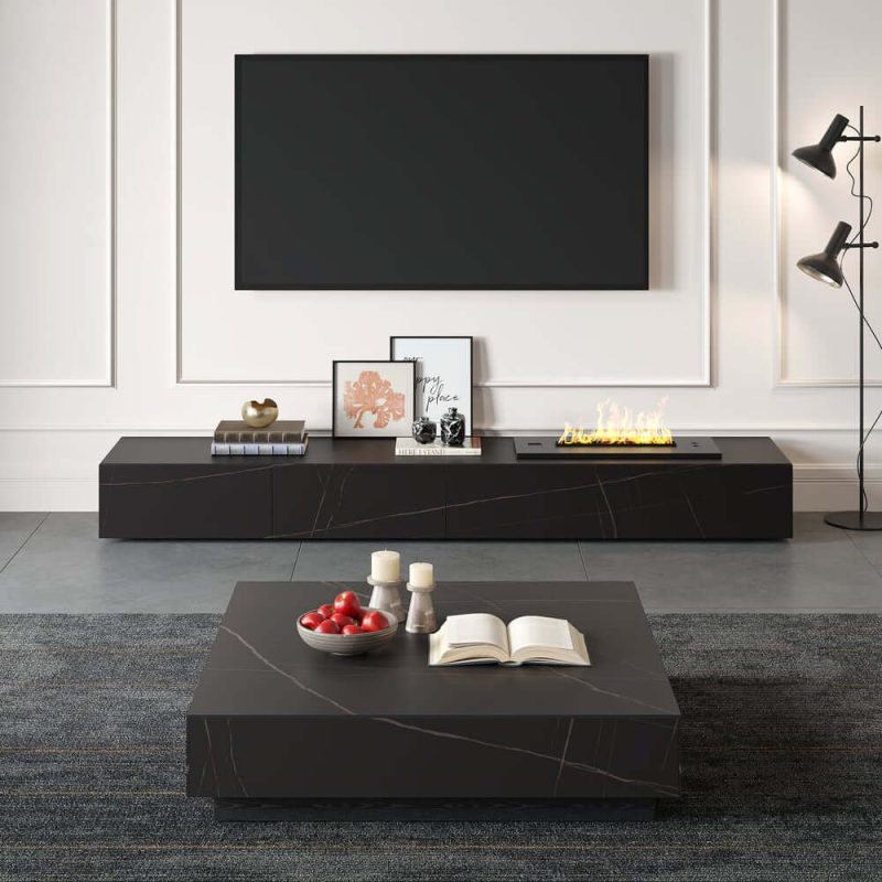 "39" Square Sintered Stone Block Coffee Table With Wood Base"