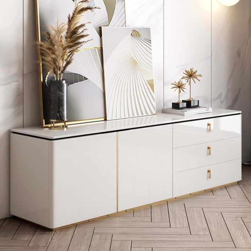 "Pewter Modern White Rectangular TV Stand with Drawers & Doors for TVs Up To 70""
