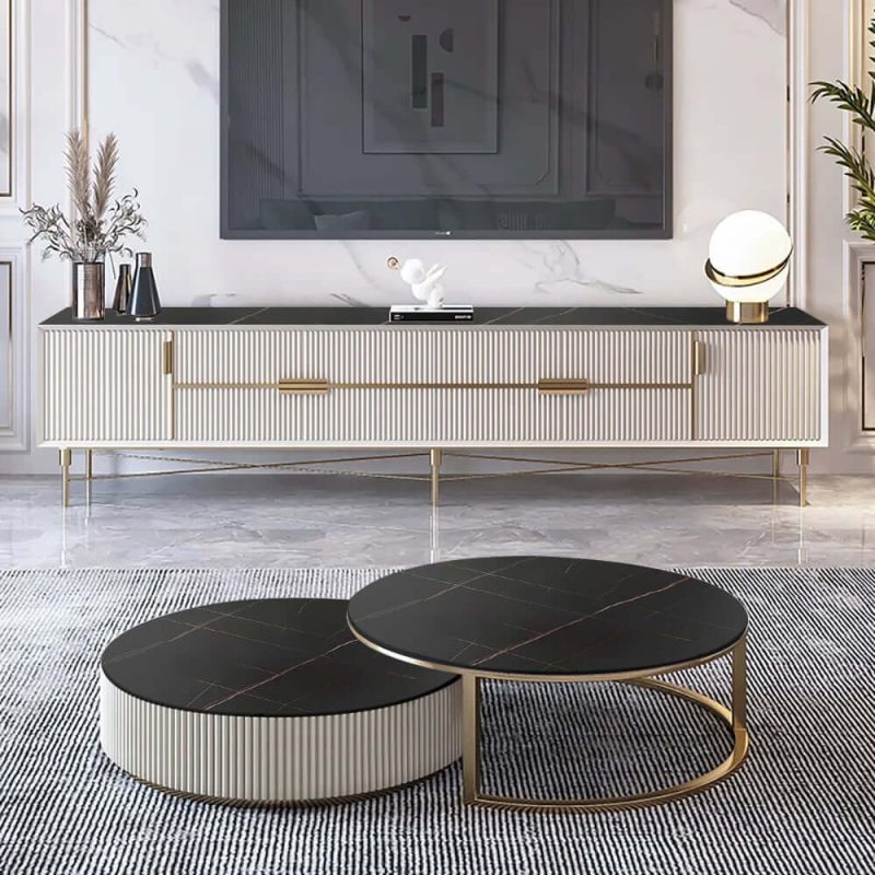 "Set of 2 Round Sintered Stone Top Nesting Coffee Table with Drawer Black & Gold"
