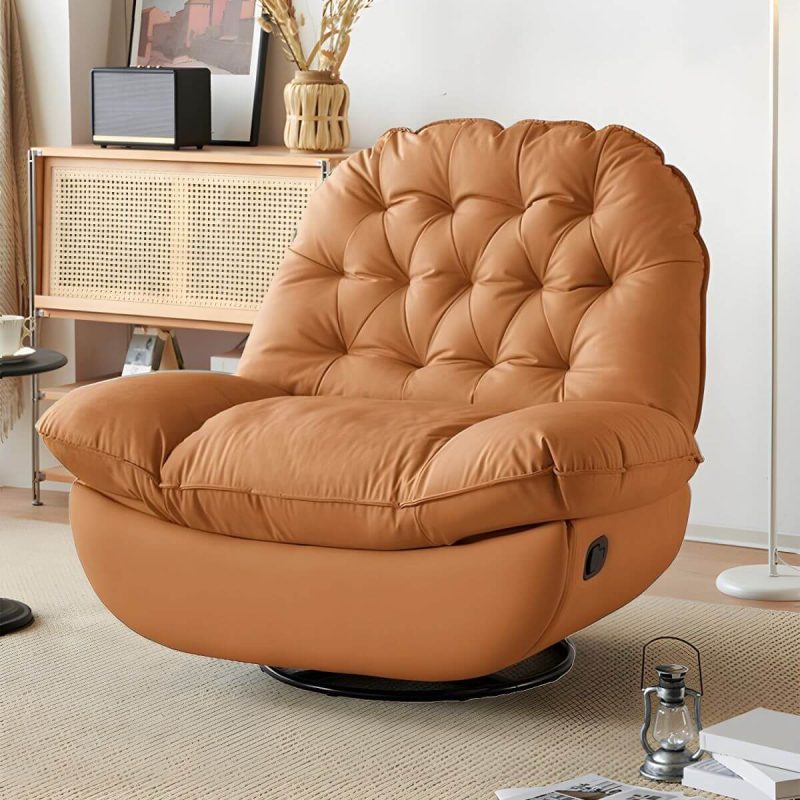 "Modern Standard Recliner with Tufted Design and Arm Compartment Storage - Orange Swivel Rocker"