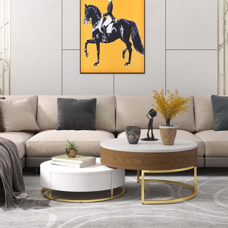 "Round 2-Piece Nesting Set Lift-Top Coffee Table and Wooden Coffee Table with 2 Drawers"