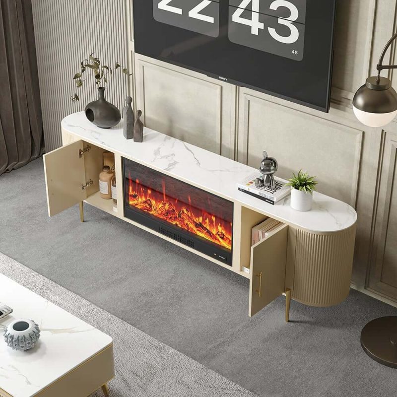 "87" Sintered Stone Top Electric Fireplace TV Stand with Remote Control and Storage"