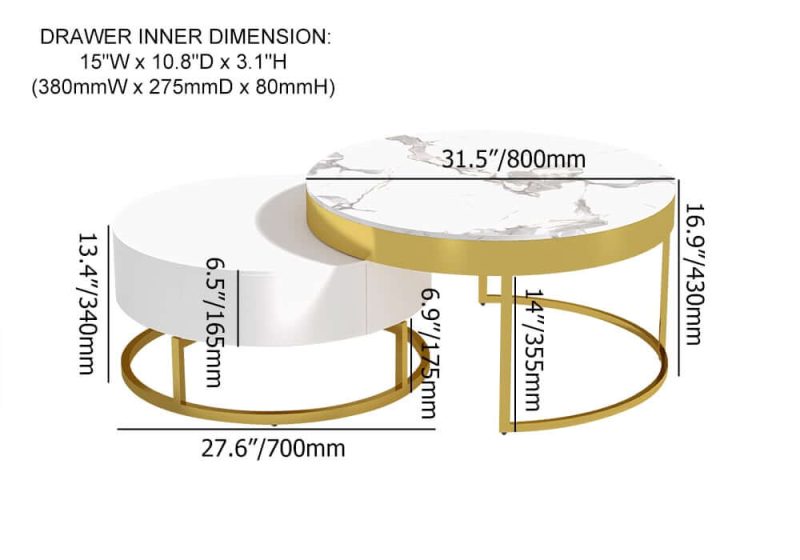 "Dimension of Nesnesis Modern Round Sintered Stone Nesting Wood Coffee Table with Drawers in White"