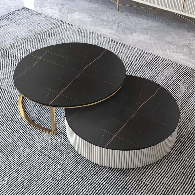 "Set of 2 Round Sintered Stone Top Nesting Coffee Table with Drawer Black & Gold"