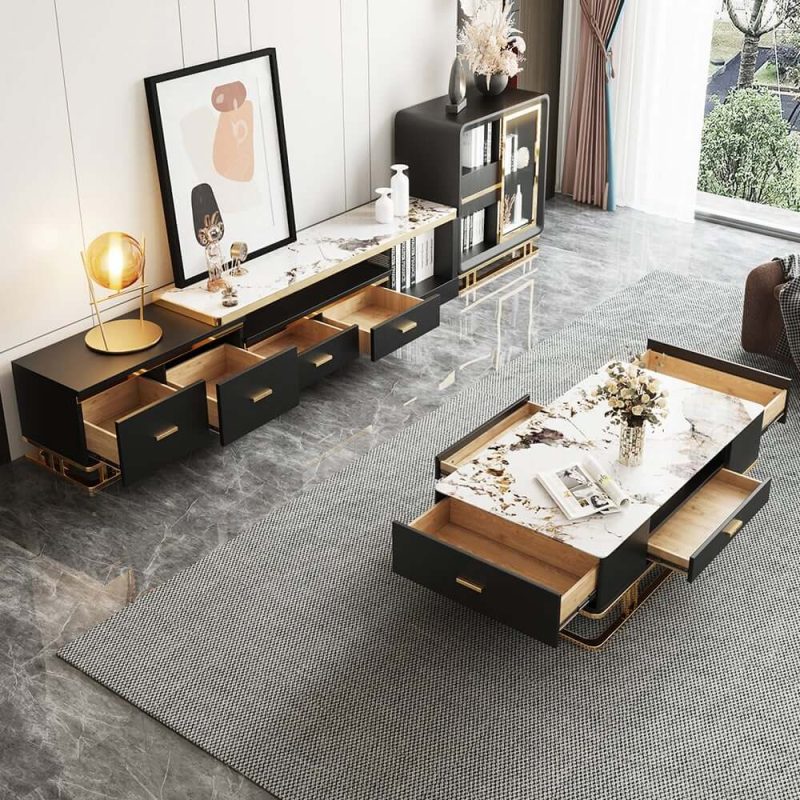 "Stonesk Modern TV Stand & Coffee Table Set for 100" TV in Black with Drawers"