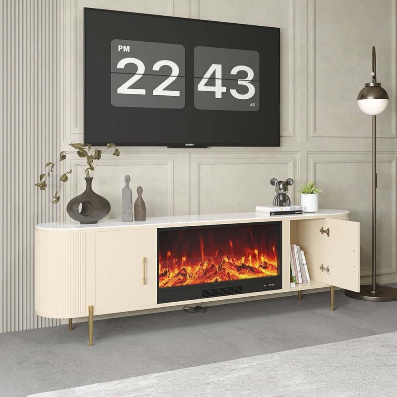 "87" Sintered Stone Top Electric Fireplace TV Stand with Remote Control and Storage"