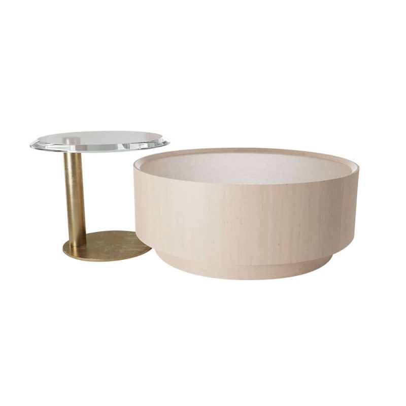 "Set of 2 Round Nesting Coffee Table Set White Oak with 2 Drawers in White & Clear & Gold"