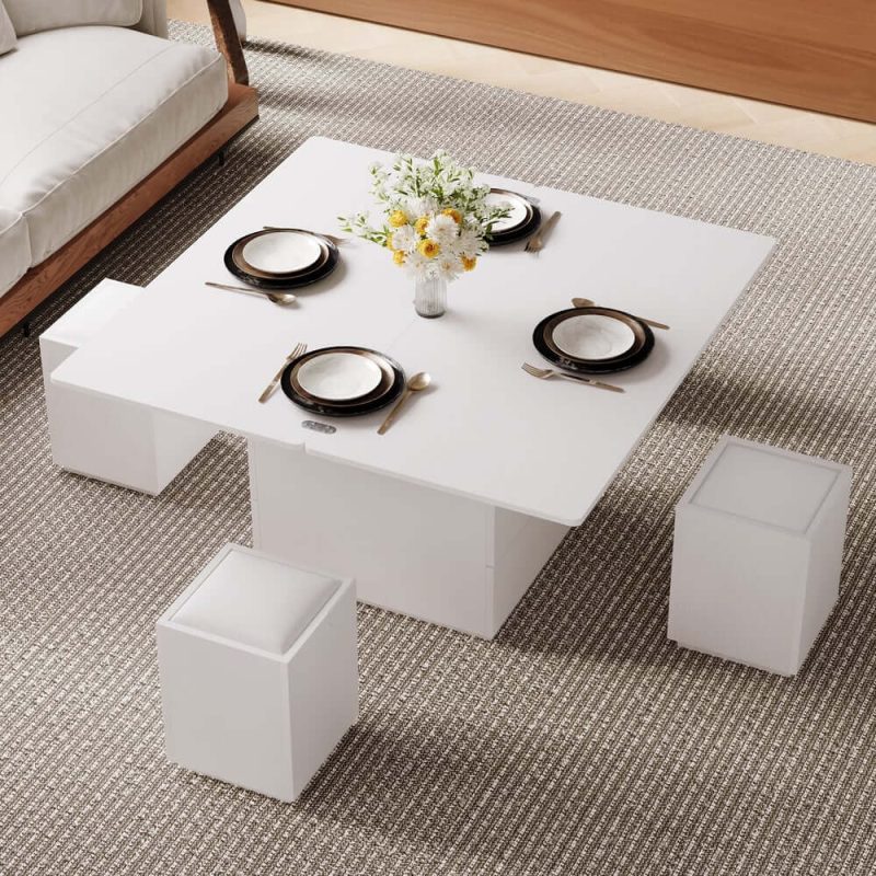 "Modern White Lift Top Marble Coffee Table with Drawers & Storage Multifunction Table"