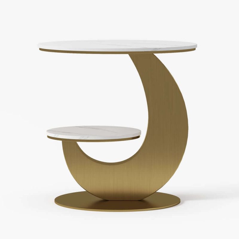 "20" Round Sintered Stone 2-Tier Gold Moon-Shaped Side Table"